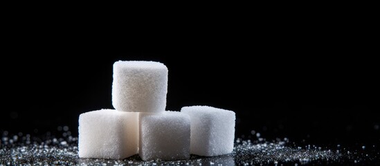 Poster - Closeup shot of cube and granulated sugar against a dark backdrop with empty space for text or graphics. with copy space image. Place for adding text or design