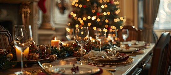 Aufkleber - Dining table with setting for Christmas celebration indoors. with copy space image. Place for adding text or design