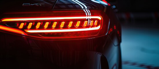 Leinwandbilder - Car rear lights illuminated against a black background with copy space image.