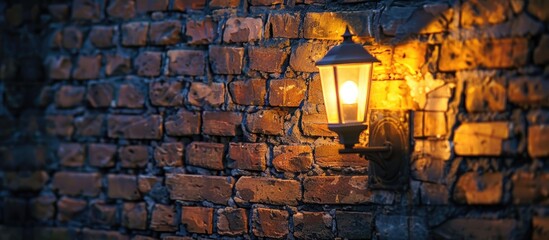 Aufkleber - Wall Lamp On The Old Brickwall Closeup. Scone Lamp On Vintage Brick Wall At Nigh In Twilight. Facade Lighting. with copy space image. Place for adding text or design