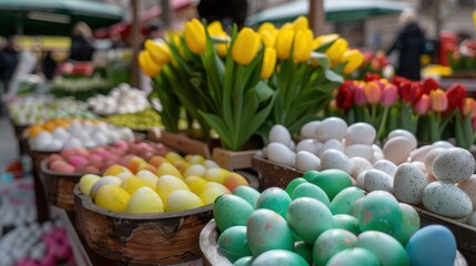 Wall Mural - Colorful Easter eggs and spring flowers at a market stall