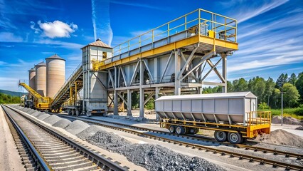 Precast concrete plant. A platform for unloading inert materials from freight railway cars. Crushed stone unloading.