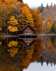 Wall Mural - Cozy cabin in the woods during autumn