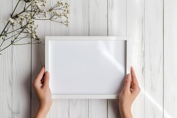 Hands Holding a Blank Picture Frame with Green Leaves on White Wooden Background