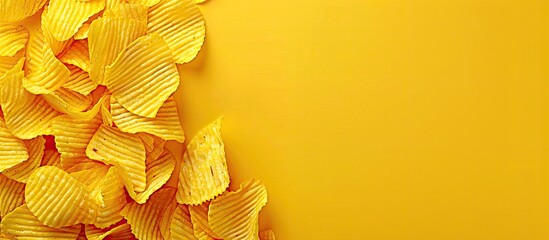 Aufkleber - A bird's-eye-view banner displaying textured golden corrugated chips on a yellow background, evoking a fast food theme with space for text or images. with copy space image