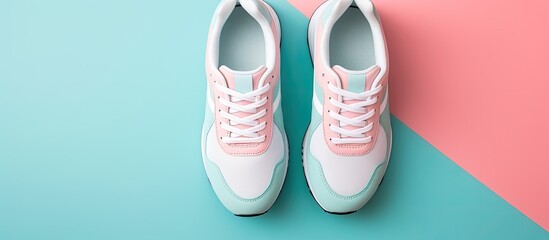 Poster - A pair of new sneakers set on a soft pink and blue pastel background with ample space alongside for additional imagery. Shot from above, showing a stylish perspective of the running shoes.