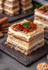 Wall Mural - Delicious layered pastry dessert with pecans