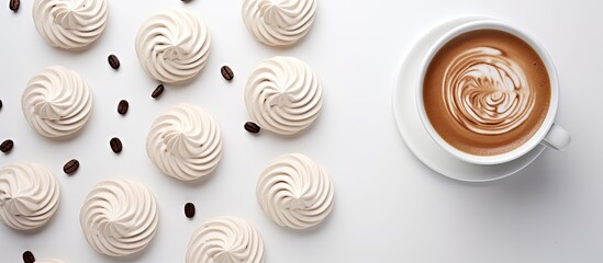 Poster - View from above of chocolate meringue cookies and a cup of coffee on a white surface with a blank area for adding text or images. with copy space image. Place for adding text or design