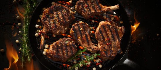 Fototapete - Top-down view of barbecued lamb and mutton chops sizzling in a pan with a dark background, perfect for a copy space image.