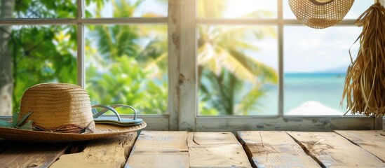 Aufkleber - brown wooden table in home with blurred background of summer window with summer bag and hat and flip flops. Free space for your decoration. . with copy space image. Place for adding text or design