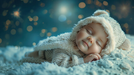 Wall Mural - cute little baby sleeping on soft fluffy rug