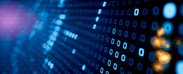 Poster - Abstract technology background with blue binary numbers and light particles, symbolizing secure data transfer in cyber network, modern digital age concept with flowing bits pattern on dark backdrop