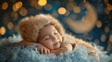 Wall Mural - cute little baby sleeping on soft fluffy rug