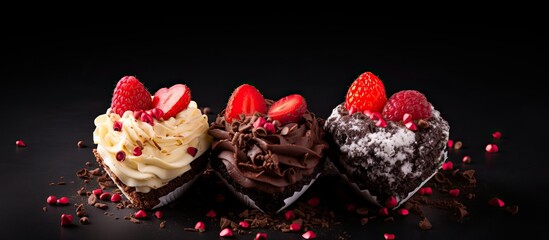 Poster - Three heart-shaped desserts on a dark background with a blank space for additional images or text.