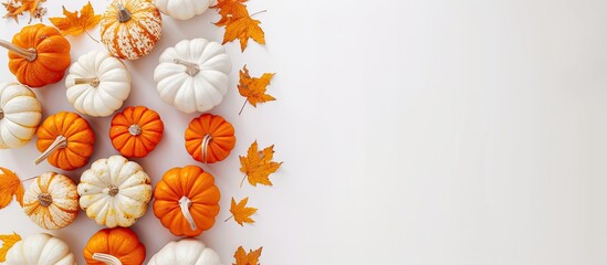 Poster - A Halloween-themed image featuring white and orange pumpkins from a top view on a white background with copy space image.