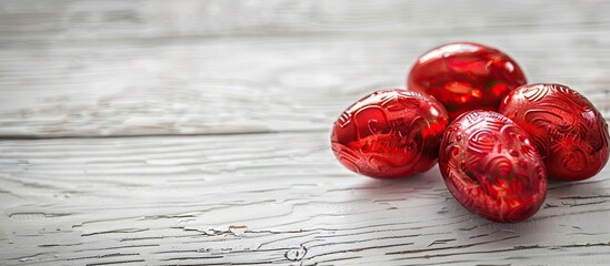 Aufkleber - Easter eggs wrapped in red foil displayed on a white wooden table with copy space image.