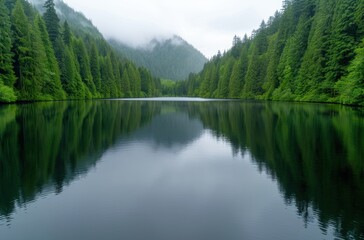 Poster - serene mountain lake surrounded by lush evergreen forest