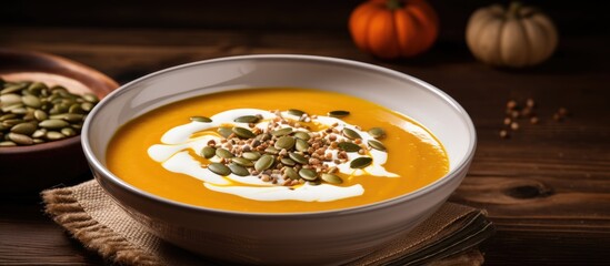 Aufkleber - A white plate holds homemade pumpkin soup topped with cream and seeds on a brown rustic wooden surface, perfect for showcasing with copy space image.