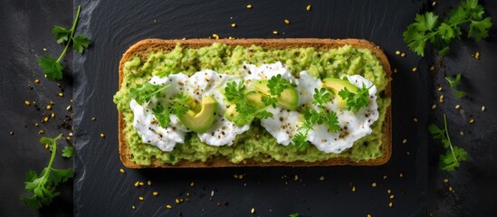 Aufkleber - Vegetarian avocado toast on cornbread with parsley, cream cheese, salt, and pepper for a nutritious meal. Displayed on a slate background with a top view and copy space image.
