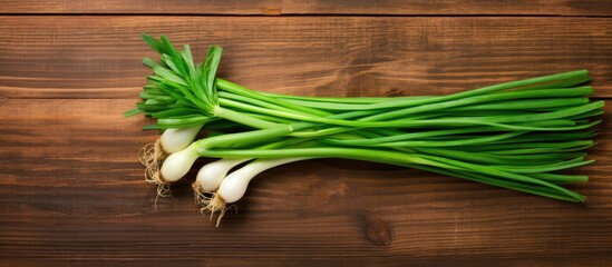 Leinwandbilder - Top-down view of vibrant green onion placed on a wooden table with space for a photo. with copy space image. Place for adding text or design