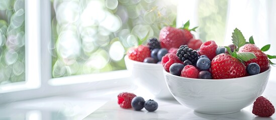 Poster - A summer-themed image featuring freshly picked berries in bowls on a white table evoking thoughts of summer cuisine, showcased with a soft focus and ample copy space.