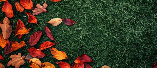 Fototapete - Autumn leaves have fallen on fresh green grass in a top-view picture with available copy space image.