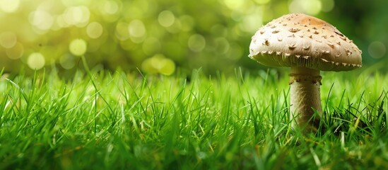 Aufkleber - Mushroom positioned on a grassy field with copy space image.