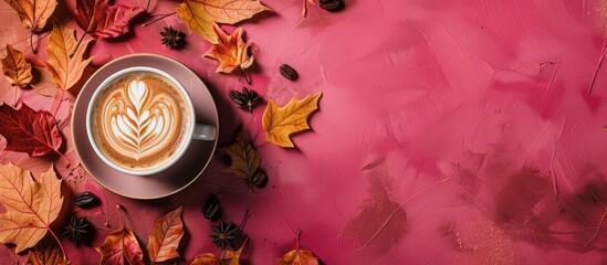 Wall Mural - Top down view of a dark pink background featuring a creative fall-themed flat lay with dry leaves, a coffee latte cup, and ample copy space image for autumn, Thanksgiving, and Halloween concepts.