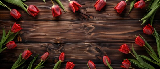 Aufkleber - Wooden background with red tulips, providing copy space image.