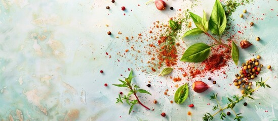 Leinwandbilder - Fresh spices and herbs Isolated on pastel background. with copy space image. Place for adding text or design