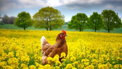 Wall Mural - Chicken in Yellow Flowers with Green Trees