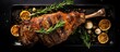 © vxnaghiyev - Top view of a whole leg of oven-roasted lamb mutton seasoned with thyme on a black background, with ample copy space image.