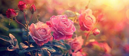 Poster - Rose flowers with color filter on bush in garden, on a copy space image.