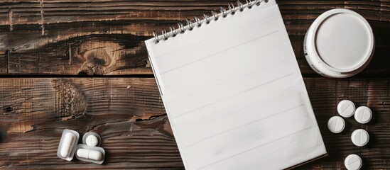 Poster - A notepad with a white sheet on a checkered surface and pills in a blister, set against a backdrop of wooden boards, creates a unique copy space image.