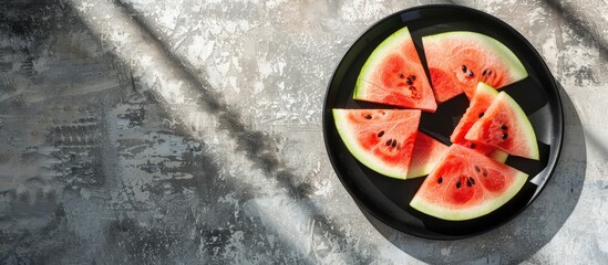 Poster - A black plate holds watermelon slices on a concrete backdrop with sunlight shadows, providing copy space in a top view image.