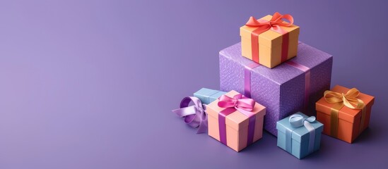 Aufkleber - Small colored gift boxes with ribbons arranged in a stack on a violet background, with ample copy space image.