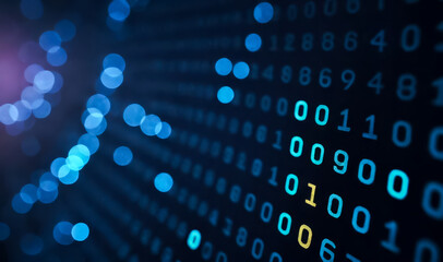 Poster - Digital binary code streaming on dark backdrop with selective blue illumination symbolizing cybersecurity data encryption information technology virtual reality