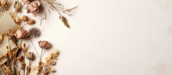 Fototapete - A wedding invitation or greeting card mockup featuring elegant dried flowers, set on a white card with ample space for text or images.
