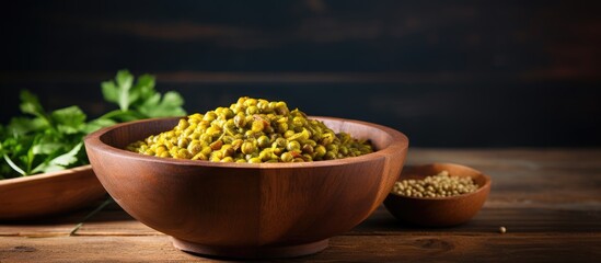 Aufkleber - Wooden bowl with green moong dal, a copy space image against a wooden background.