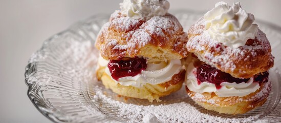Fototapete - Delicate French cream puff dessert, showing a choux bun with whipped cream and cherry jam atop sugar powder, halved on a glass plate against a white background, close-up with copy space image.