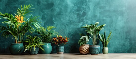 Poster - Home garden. Potted flowers. Stylish botanical interior. The concept of home gardening. Template. with copy space image. Place for adding text or design