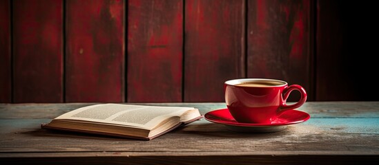 Aufkleber - A cup of coffee placed on a wooden table next to a red book, creating a cozy setup with a rustic charm in the copy space image.