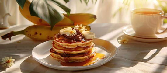 Aufkleber - Healthy breakfast concept showcasing homemade pancakes drizzled with honey, topped with banana slices and chocolate, set in a well-lit composition with a tea cup, creating interesting shadows,