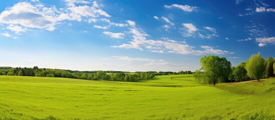Poster - Scenic rural view with a green field, forest trees in the distance, and a clear blue sky, perfect for a copy space image.