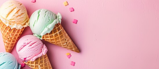 Poster - Bright background featuring pastel ice cream in waffle cones with a copy space image included.