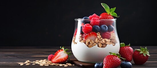 Aufkleber - A transparent glass jar showcasing a mix of oat granola, milk, strawberries, fresh berries, honey, and mint leaves, with room for a copy space image.