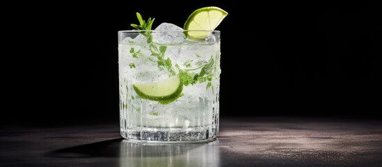 Poster - A gin and tonic cocktail garnished with ice, lime, cucumber, and juniper, served in a frosted glass against a grey wall backdrop. Features copy space image.