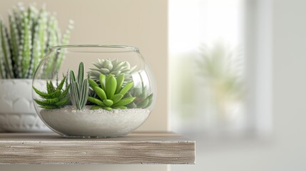 Canvas Print - Succulent plants in glass terrarium on wooden shelf