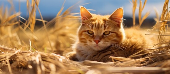 Poster - A cute orange striped cat enjoys the sun, resting on dry grass under the spring sun with clear copy space in the image.