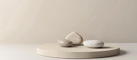 Poster - Minimalistic mockup featuring a product podium with three natural-looking stones for showcasing cosmetic products, with ample copy space for promotions.
